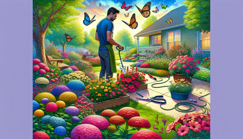 A serene suburban garden in O'Fallon, Missouri, with a homeowner gently pruning vibrant flowers in meticulously maintained beds, surrounded by colorful butterflies under a sunny sky, demonstrating ess