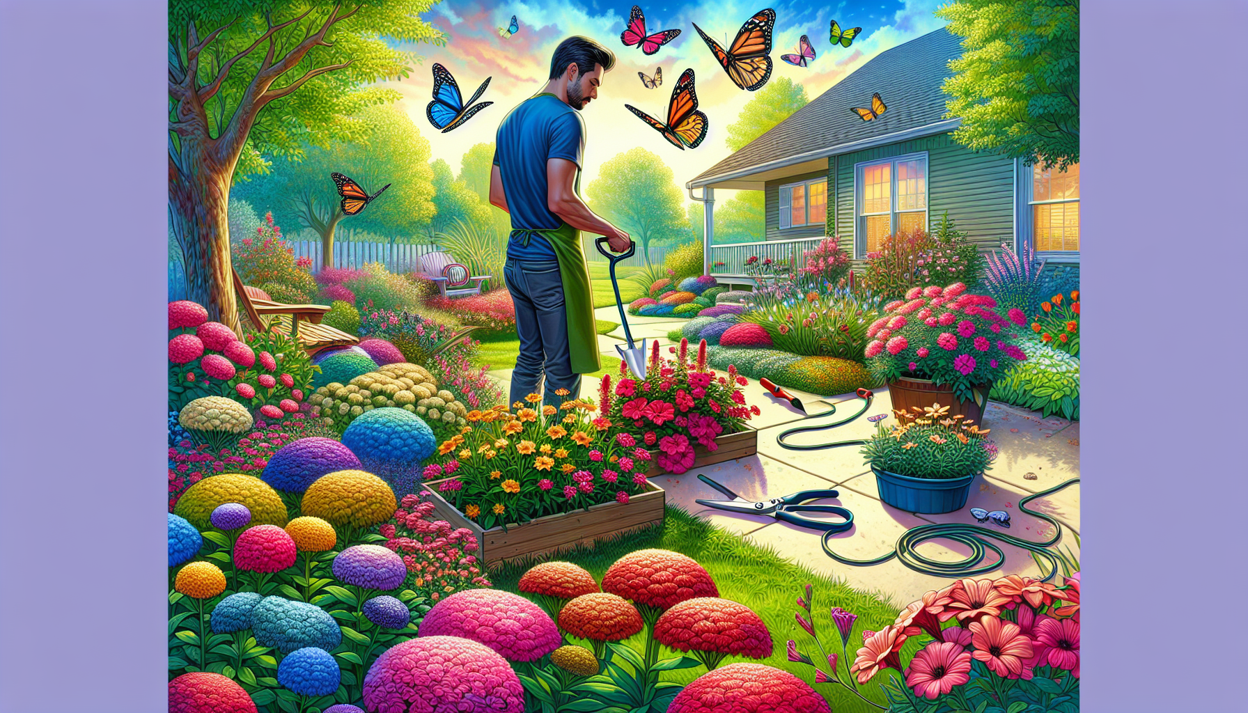 A serene suburban garden in O'Fallon, Missouri, with a homeowner gently pruning vibrant flowers in meticulously maintained beds, surrounded by colorful butterflies under a sunny sky, demonstrating ess