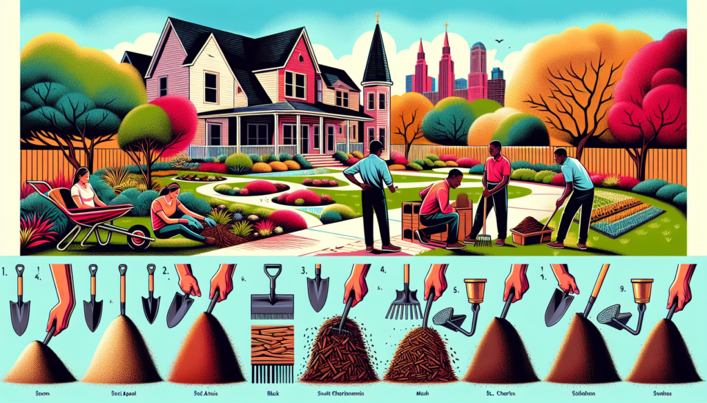 a detailed illustration showing a step-by-step process of mulch installation in a beautiful suburban garden in St. Charles, with homeowners working together, various types of mulch displayed, and gard