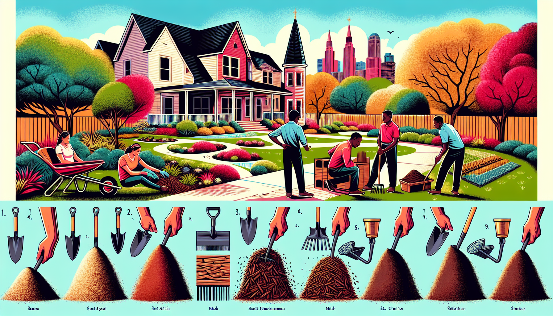 a detailed illustration showing a step-by-step process of mulch installation in a beautiful suburban garden in St. Charles, with homeowners working together, various types of mulch displayed, and gard
