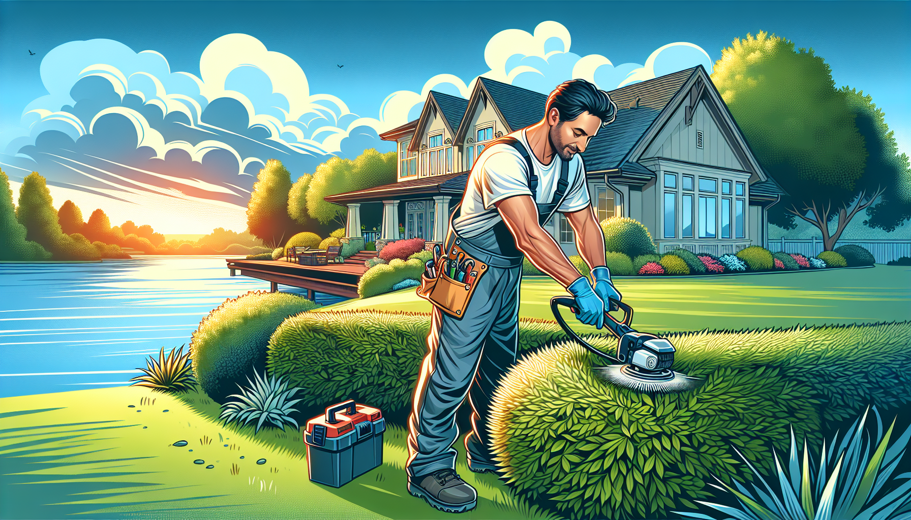 Professional hedge trimming service in action at a beautiful suburban home in Lake St. Louis, showcasing a landscaper in uniform meticulously shaping lush, green hedges with precision tools on a brigh