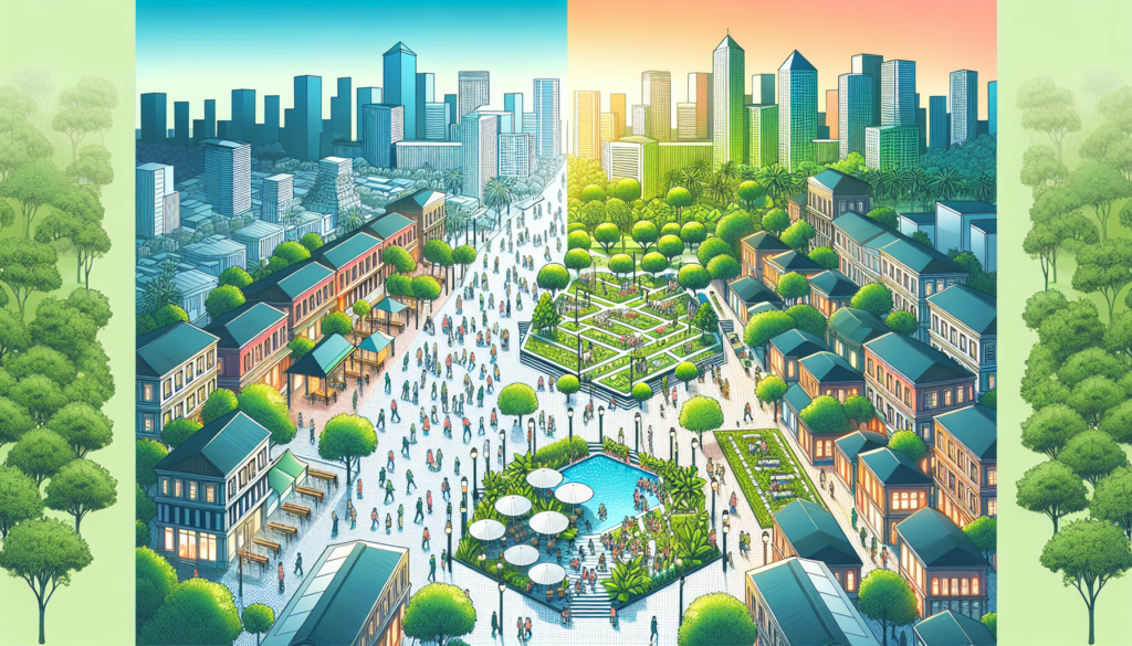 An artistic rendering of the town center of St. Peters, showing a before-and-after transformation of the main square with lush greenery, innovative and eco-friendly designs, bustling with people enjoy