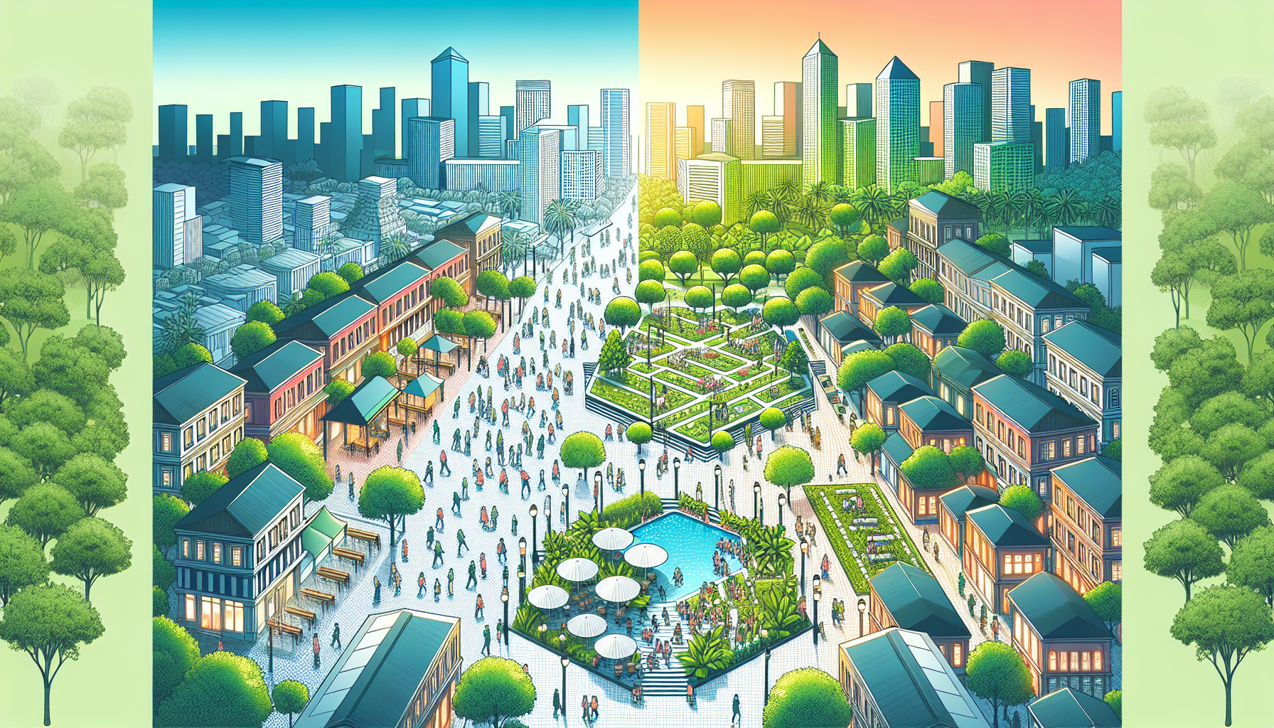An artistic rendering of the town center of St. Peters, showing a before-and-after transformation of the main square with lush greenery, innovative and eco-friendly designs, bustling with people enjoy