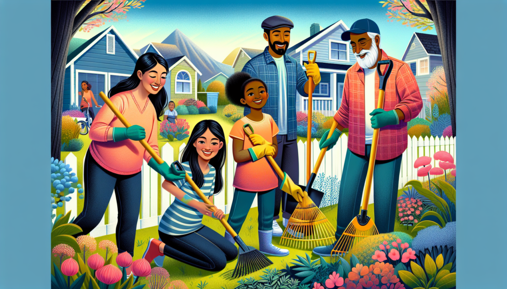 An illustrated guide showing a family of four happily engaged in spring yard cleanup activities in the suburban town of Wentzville, with detailed visuals of tools like rakes, gloves, and gardening she