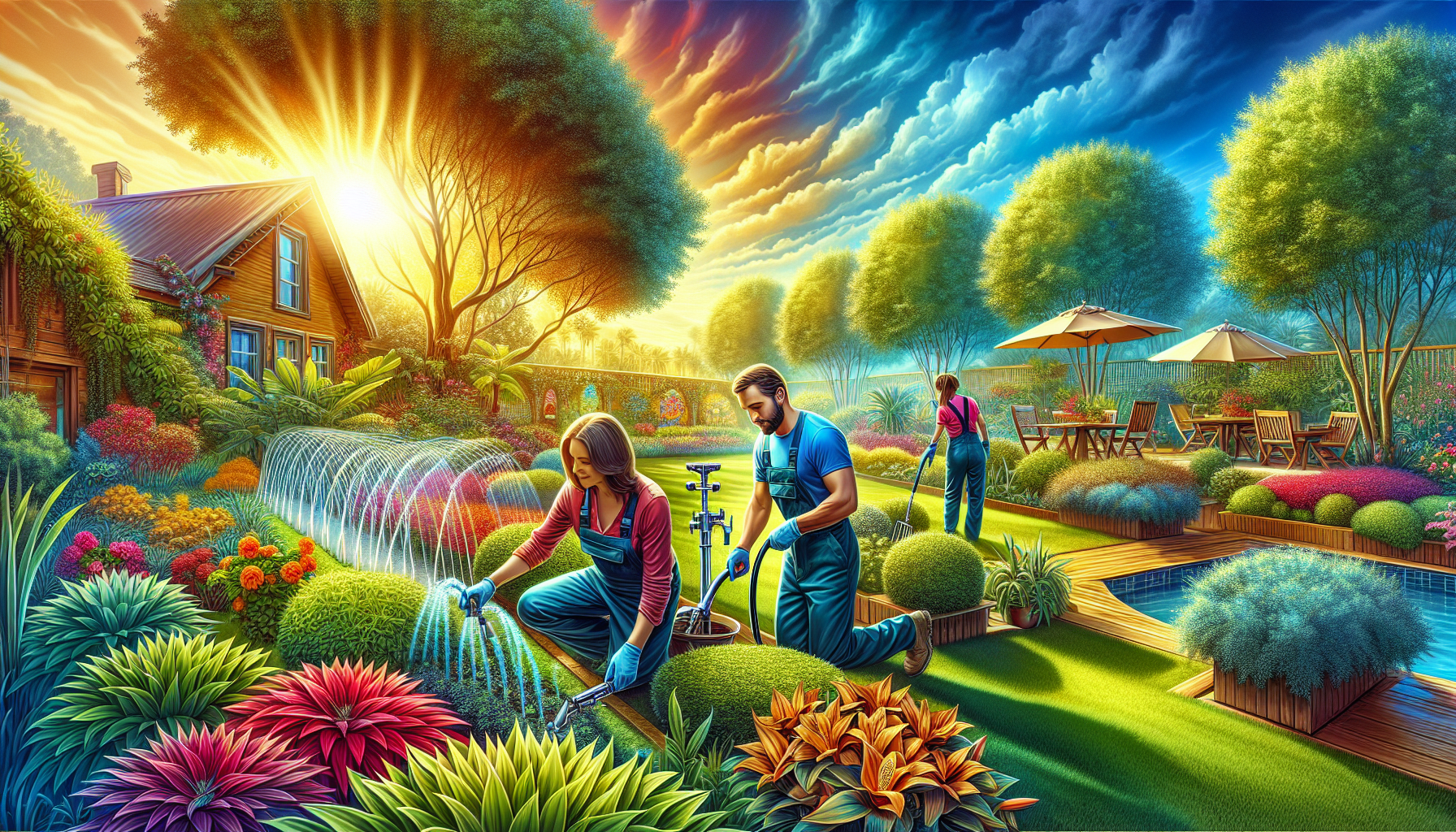 An idyllic garden scene in Cottleville, with a professional garden care team actively working, trimming lush green bushes, planting colorful flowers, and setting up a modern, efficient irrigation syst